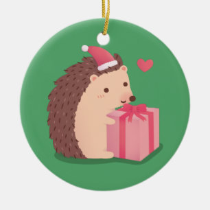 Frohe Weihnachten Igel mit Geschenk Keramik Ornament