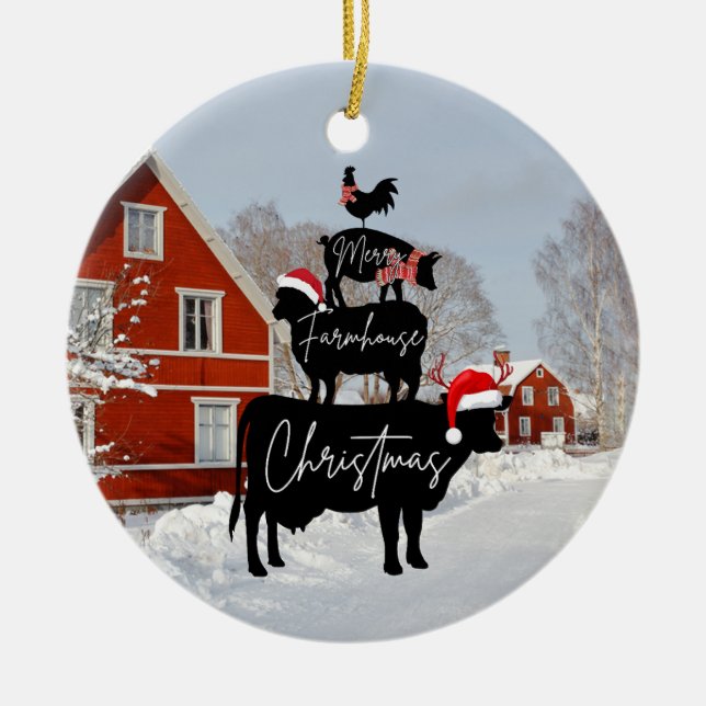 Frohe Weihnachten im Bauernhof, Landtiere Keramik Ornament (Vorne)
