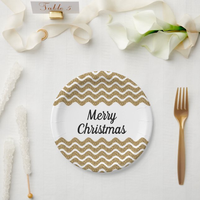 Frohe Weihnachten Imitate Gold Glitzer Weiße Strei Pappteller (Hochzeit)