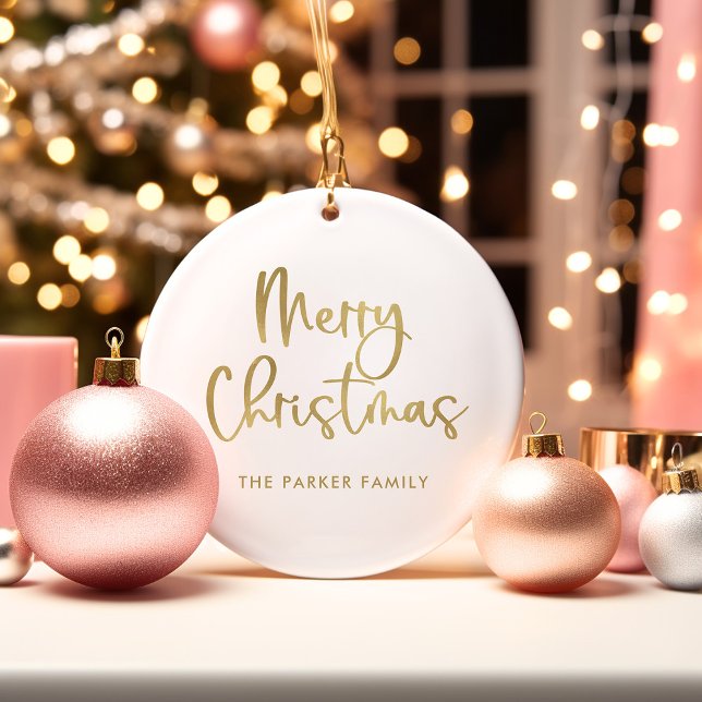 Frohe Weihnachten | Imitate Gold in Lässiger Schri Keramik Ornament (An elegant, faux gold and white Christmas ornament)