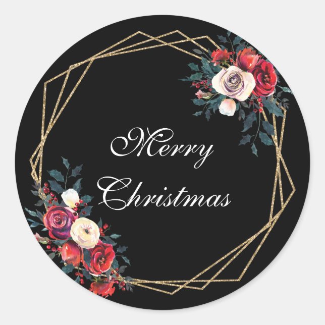 Frohe Weihnachten Imitate goldene Winterfloralen r Runder Aufkleber (Vorderseite)