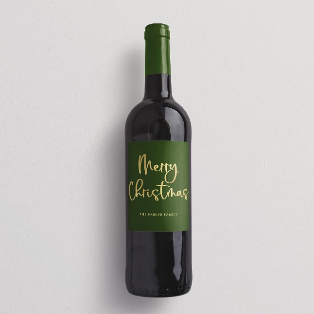 Frohe Weihnachten | Imitate Lässiges Drehbuch auf  Weinetikett (An elegant green Christmas wine label with faux gold script)