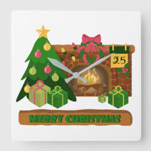 Frohe Weihnachten in der Nähe von Feuerfeuer Weihn Quadratische Wanduhr