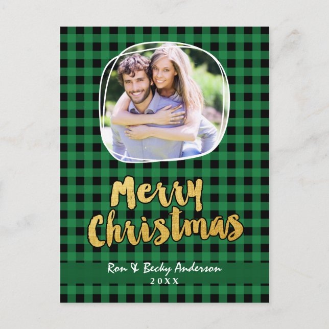 Frohe Weihnachten in Gold Green Kariert Foto Card (Vorderseite)
