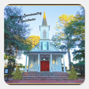 Frohe Weihnachten in Lowcountry Chapel Palmetto Bl Quadratischer Aufkleber