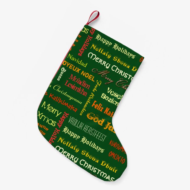 Frohe Weihnachten in verschiedenen Sprachen Kleiner Weihnachtsstrumpf (Vorderansicht (hängend))