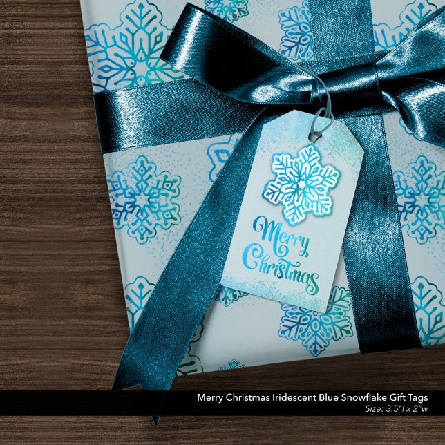 Frohe Weihnachten Iridescent Blue Snowflake Geschenkanhänger (Whimsical Merry Christmas Gift Tags with Iridescent Blue Snowflakes)