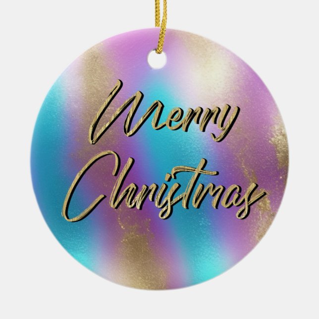 Frohe Weihnachten Iridescent Rainbow Glam Keramik Ornament (Vorne)