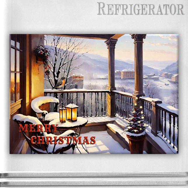 Frohe Weihnachten Italienischer Balcony Magnet (Merry Christmas rectangle magnet featuring an Italian balcony winter wonderland with lanterns)