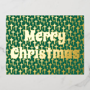 Frohe Weihnachten Jesus Kreuz Retro Typografie grü Folien Feiertagspostkarte