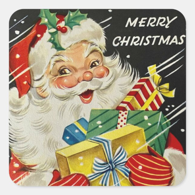 Frohe Weihnachten Jolly Weihnachtsmann mit Geschen Quadratischer Aufkleber (Vorderseite)