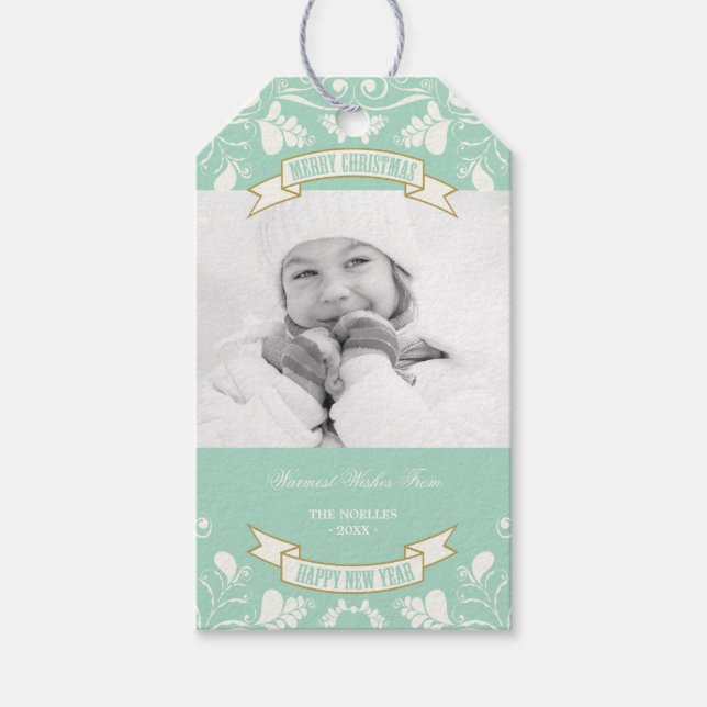 Frohe Weihnachten Jugendstil Floral Geblüht Foto Geschenkanhänger (Vorderseite)