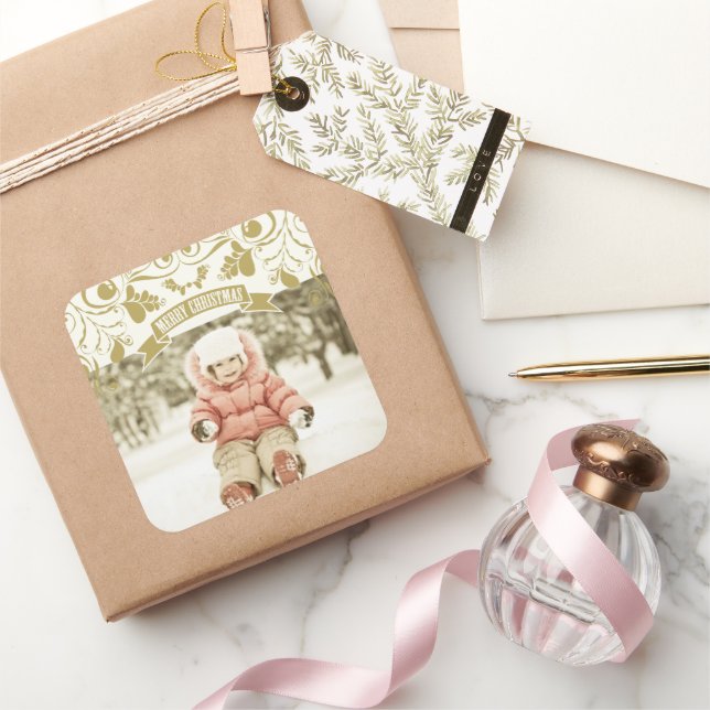 Frohe Weihnachten Jugendstil Floral Geblüht Foto Quadratischer Aufkleber (Schenken)