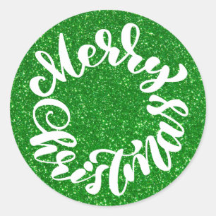 Frohe Weihnachten Kalligrafie Grün Glitter Runder Aufkleber