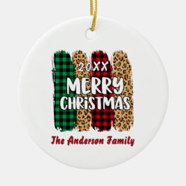 Frohe Weihnachten Kariert & Leopard Print Familien Keramik Ornament