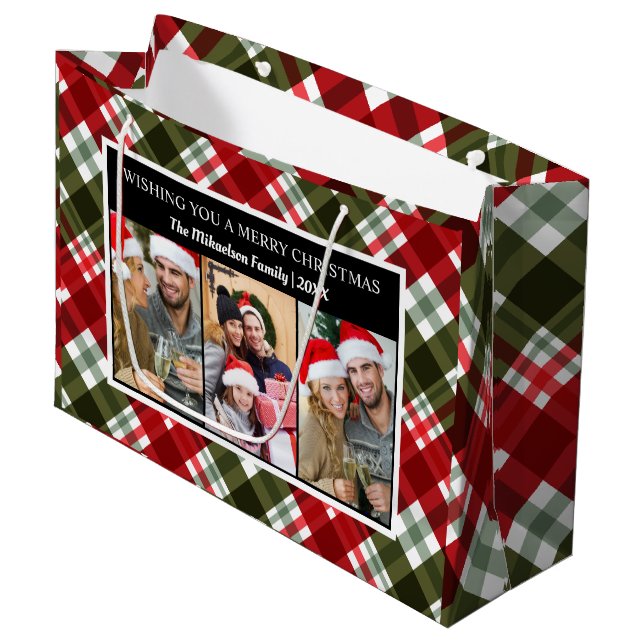Frohe Weihnachten Kariert Tartan FotoCollage Große Geschenktüte (Vorderseite Schrägansicht)