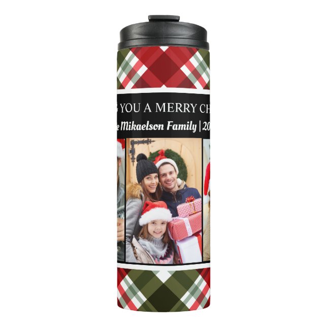 Frohe Weihnachten Kariert Tartan FotoCollage Thermosbecher (Vorderseite)