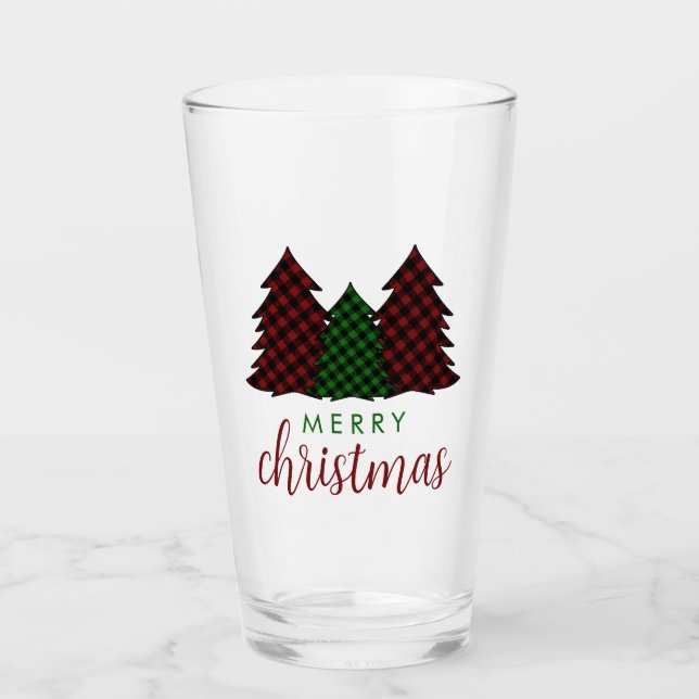 Frohe Weihnachten Karierte Muster Weihnachtsbaum Glas (Vorderseite)