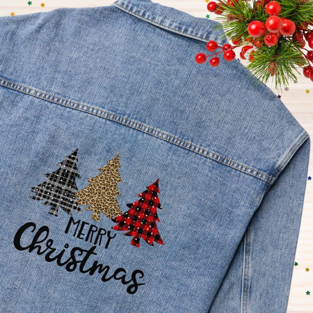 Frohe Weihnachten Karierten Weihnachtsbaumen Jeansjacke (Von Creator hochgeladen)