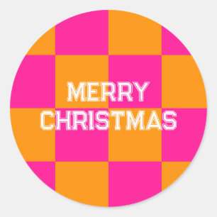 Frohe Weihnachten Karo Hot Pink Orange Runder Aufkleber