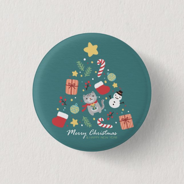 Frohe Weihnachten: Kat & Tree Illustration Button (Vorderseite)