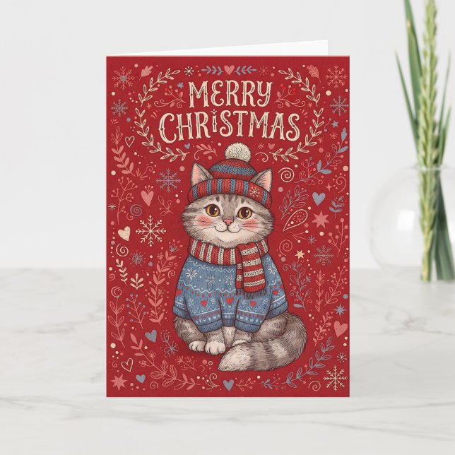 Frohe Weihnachten  Katze mit Pullover und Hut  (Vorderseite)