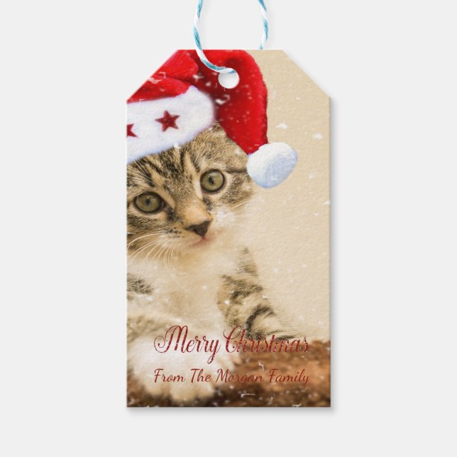 Frohe Weihnachten, Katze mit Weihnachtsmannmütze Geschenkanhänger (Vorderseite)