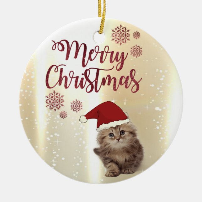 Frohe Weihnachten, Katze mit Weihnachtsmannmütze Keramikornament (Vorne)