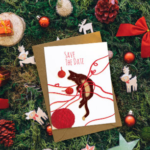 Frohe Weihnachten Katze - Spielende Katze mit rote Save The Date