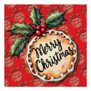 Frohe Weihnachten Kekse mit Stechpalmenbeeren Rot Poster
