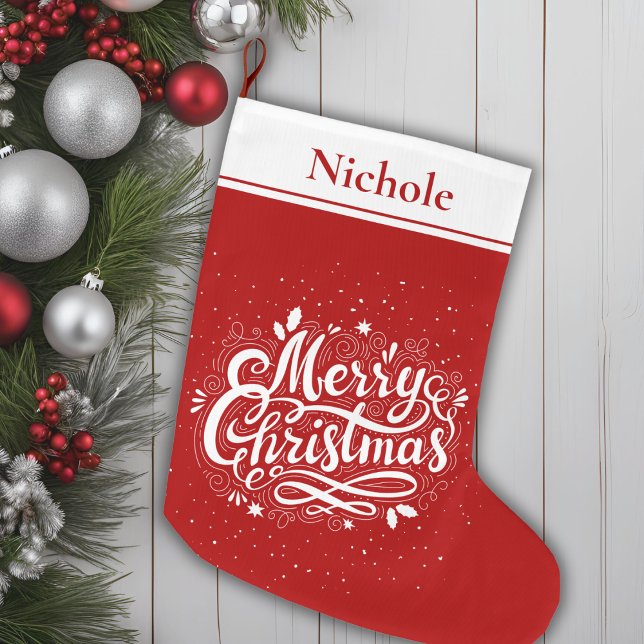 Frohe Weihnachten Klassik Rot und Weiß Personalisi Großer Weihnachtsstrumpf (Merry Christmas Classic Red and White Personalized Large Christmas Stocking)