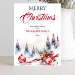 Frohe Weihnachten klassische rote Baubles und Kief<br><div class="desc">Frohe Weihnachten klassische traditionelle rote Baubles und rote Schleifen Schneebäume Aquarell Postkarte</div>