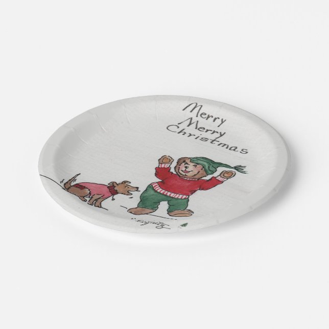 Frohe Weihnachten Kleiner Bär Genießen Sie den Sch Pappteller (Schrägansicht)