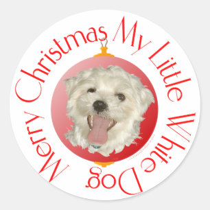 Frohe Weihnachten Kleiner Weißer Hund Runder Aufkleber
