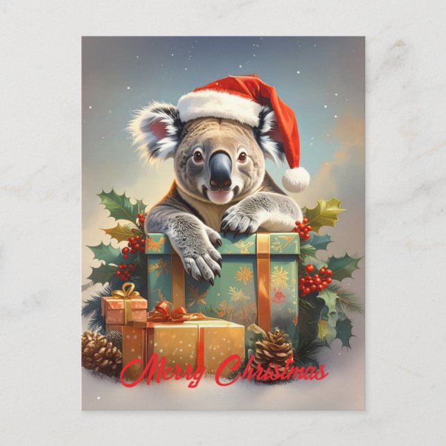 Frohe Weihnachten Koala mit Geschenken und Stechpa (Vorderseite)