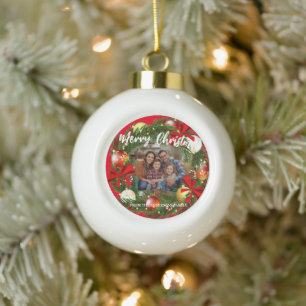 Frohe Weihnachten Kranz Foto Personalisiert Famili Keramik Kugel-Ornament