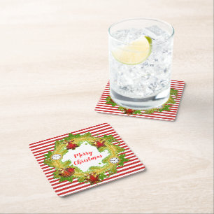 Frohe Weihnachten Kranz & Streifen Rechteckiger Pappuntersetzer