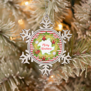 Frohe Weihnachten Kranz & Streifen Schneeflocken Zinn-Ornament