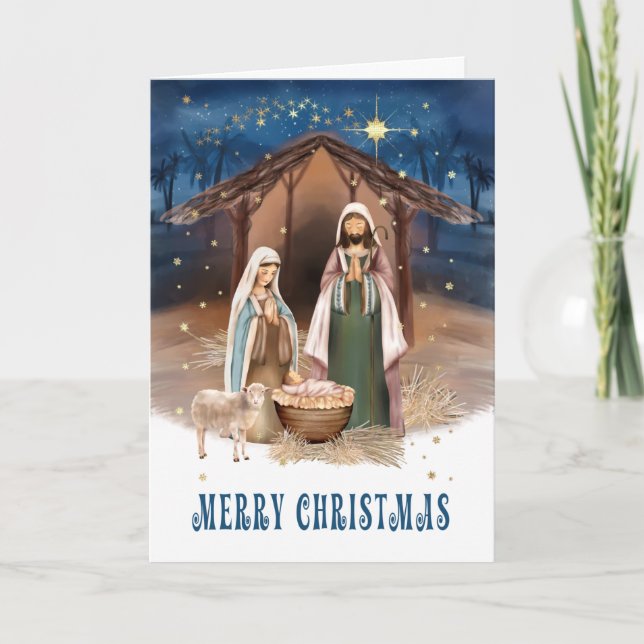Frohe Weihnachten. Krippenmalerei Feiertagskarte (Vorderseite)
