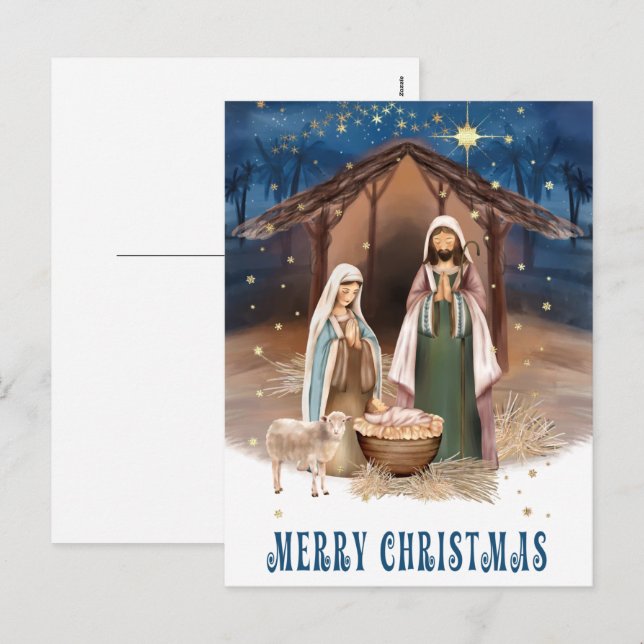 Frohe Weihnachten. Krippenmalerei Feiertagspostkarte (Vorne/Hinten)