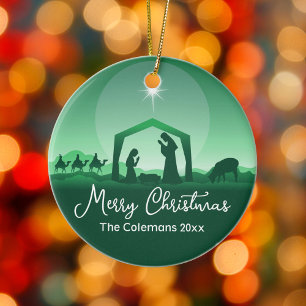 Frohe Weihnachten Krippenszene Grün Religiös Keramik Ornament