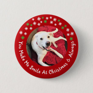 Frohe Weihnachten lächelnd Hund Foto Funny Red Cir Button