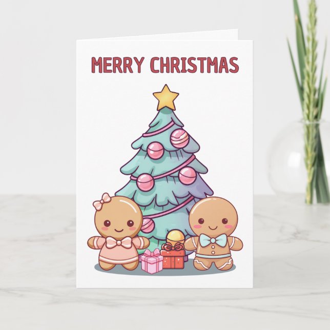 Frohe Weihnachten Lebkuchen Menschen und Bäume Karte (Vorderseite)