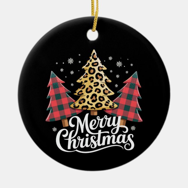 Frohe Weihnachten Leopard Kariert Tree Xmas Urlaub Keramik Ornament (Vorne)