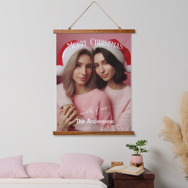 Frohe Weihnachten Lesbian Retro Pink | Benutzerdef Wandteppich Mit Holzrahmen (Schlafzimmer)