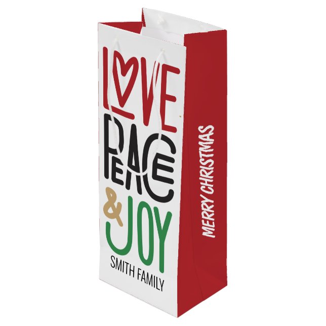 Frohe Weihnachten | Liebe, Frieden, Freude, Ihre F Geschenktüte Für Weinflaschen (Rückseite Schrägansicht)