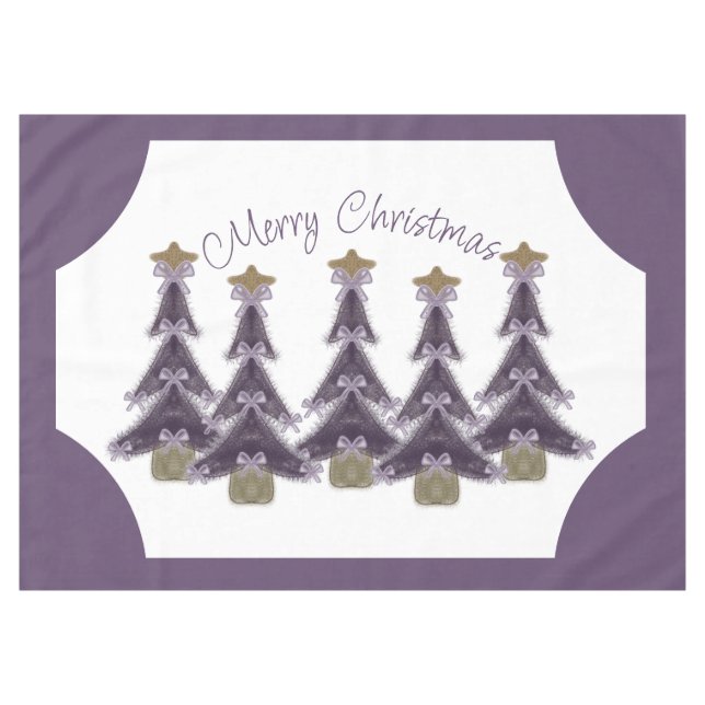 Frohe Weihnachten Lila Bows Ribbons Gold Star Tree Tischdecke (Vorderseite (Horizontal))