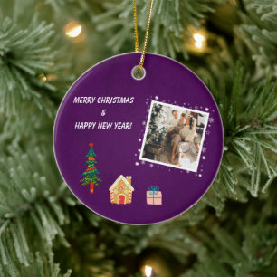 Frohe Weihnachten Lila Familienfoto  Keramik Ornament