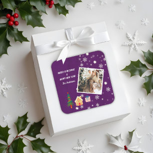 Frohe Weihnachten Lila Foto Quadratischer Aufkleber