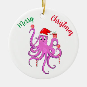 Frohe Weihnachten Lila Santa Oktopus Keramik Ornament